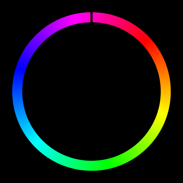 Farbkreis mit Markierung der Klebestelle zwischen den Randfarben des Regenbogens