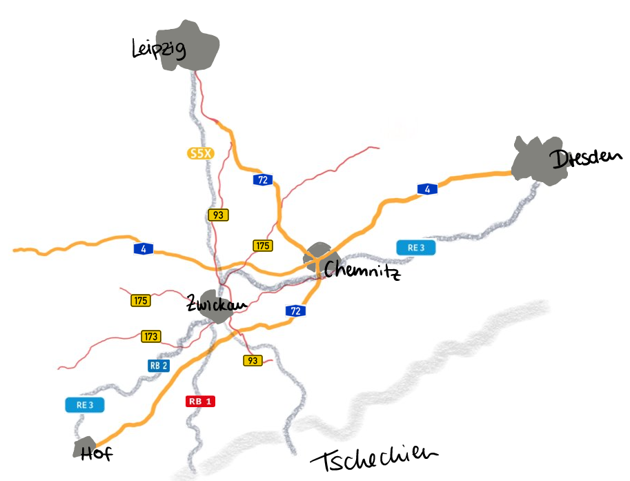 Karte der wichtigsten Verkehrswege von und nach Zwickau